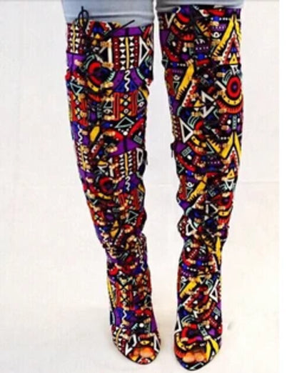 Sexy Women Multi Folk Printing Thigh High Boots High Heels Lace Up