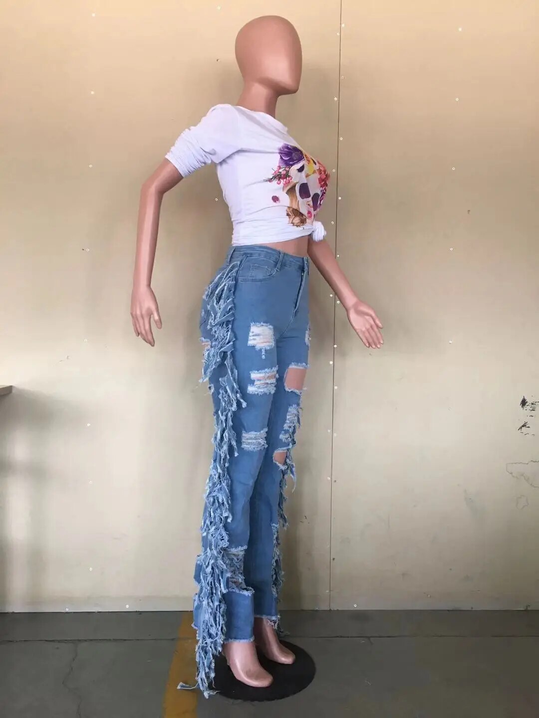 Streetwear denim Cowboy Pants High Waist Side Tassel Pockets Sexy Hole