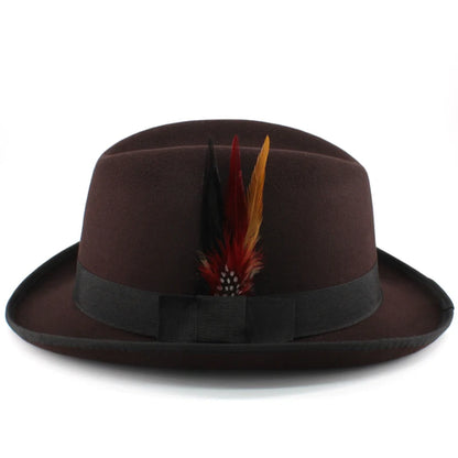 Men Women Wool Blend Classical Homburg Hats Feather Band Fedora Caps