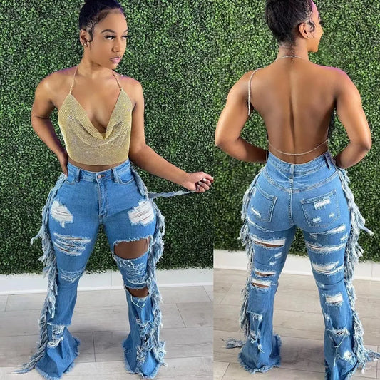 Streetwear denim Cowboy Pants High Waist Side Tassel Pockets Sexy Hole