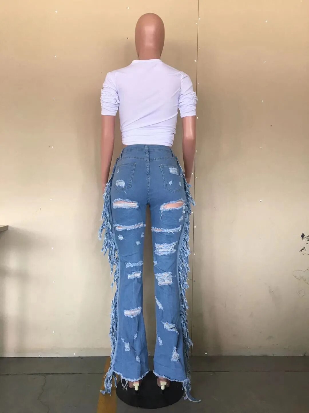 Streetwear denim Cowboy Pants High Waist Side Tassel Pockets Sexy Hole