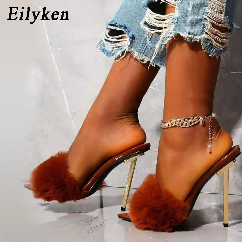 Eilyken Fashion Faux Fur Women Mule High Heels Slippers Sandals Flip