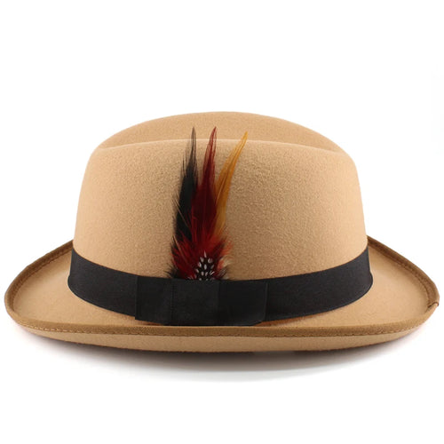 Men Women Wool Blend Classical Homburg Hats Feather Band Fedora Caps