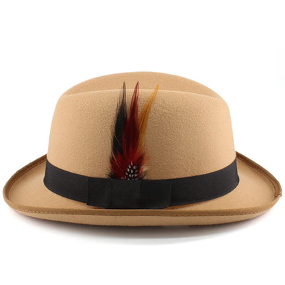 Men Women Wool Blend Classical Homburg Hats Feather Band Fedora Caps