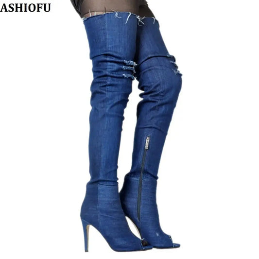 ASHIOFU Handmade Women Thigh High Boots Peep-toe Sexy Stocking Over