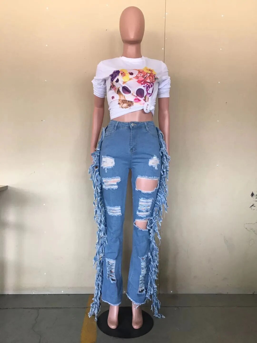 Streetwear denim Cowboy Pants High Waist Side Tassel Pockets Sexy Hole