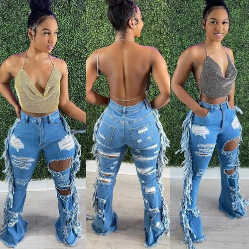 Streetwear denim Cowboy Pants High Waist Side Tassel Pockets Sexy Hole