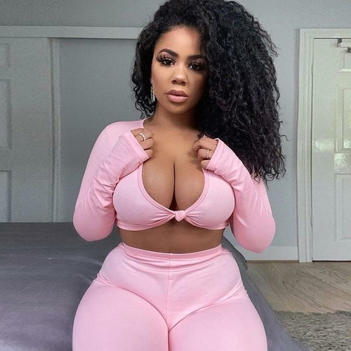 Long Sleeve V-neck Sexy Crop Top Leggings 2 Pieces Set