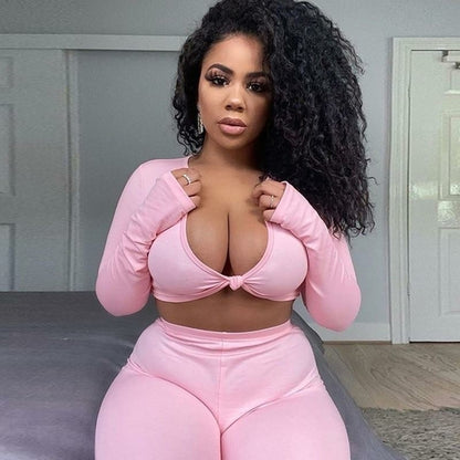 Long Sleeve V-neck Sexy Crop Top Leggings 2 Pieces Set