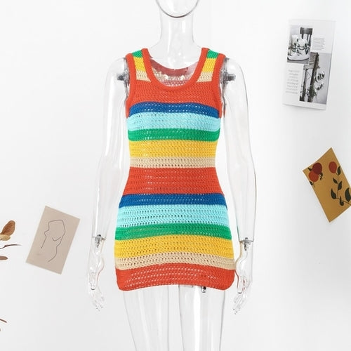 Knitted Rainbow Patchwork Women Mini Dress Casual O Neck Sleeveless