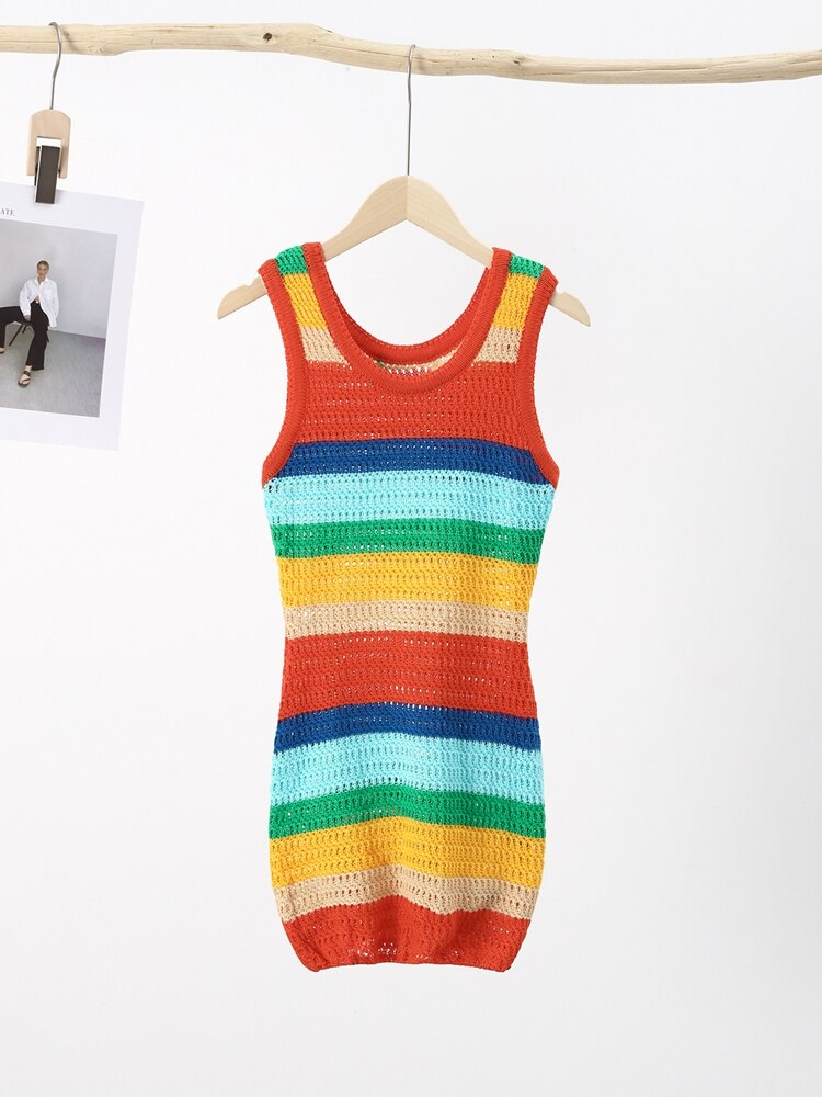 Knitted Rainbow Patchwork Women Mini Dress Casual O Neck Sleeveless