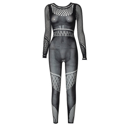 Fashion See-through Sexy Long Sleeve Mesh Jumpsuit
