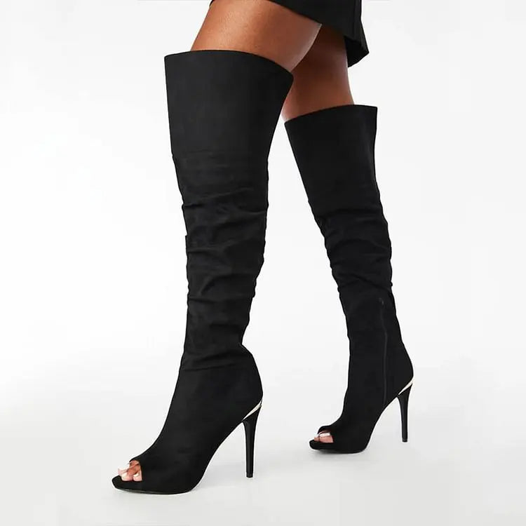 Peep Toe Thigh High Boots Women's Stiletto Heel Vintage Over The Knee