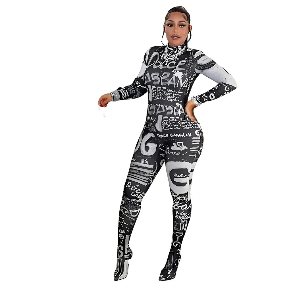 Prowow Fashion Print Women Jumpsuits One-piece Zipper Long Sleeve