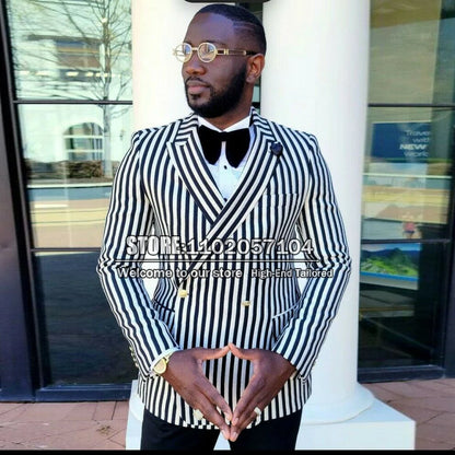 Black/White Striped Suit Jackets Men RegularCoat Double Breasted