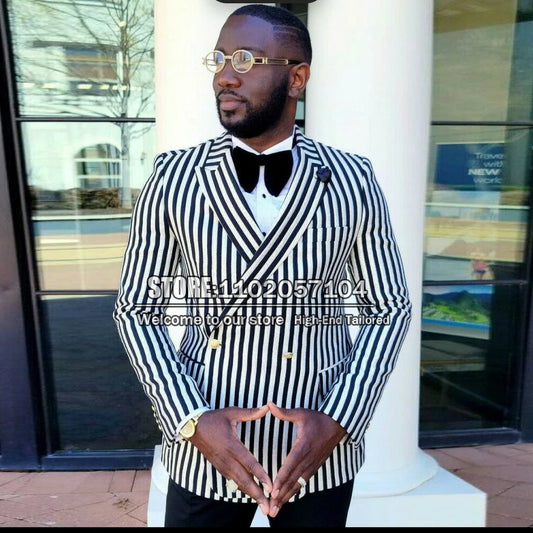 Black/White Striped Suit Jackets Men RegularCoat Double Breasted