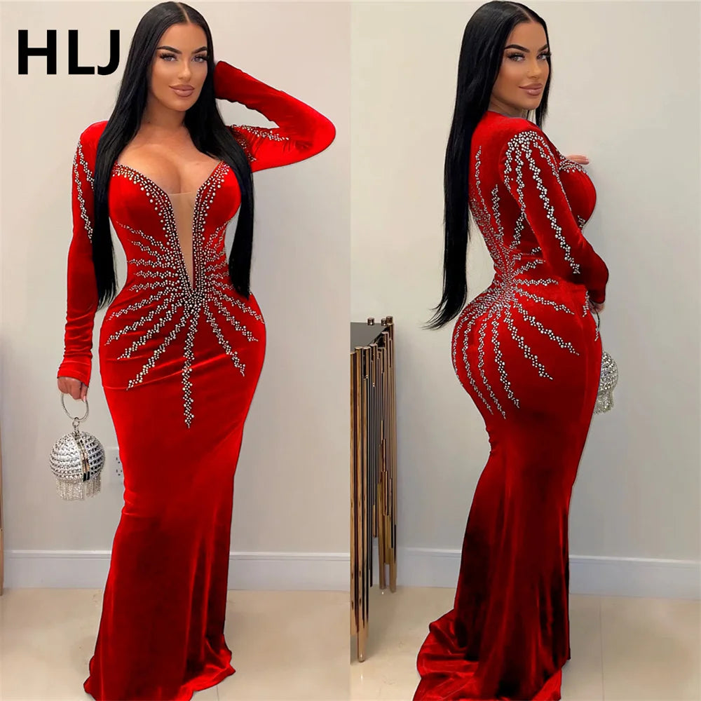 HLJ Fashion Pearls Rhinestones Deep V Bodycon Party Club Dresses Women