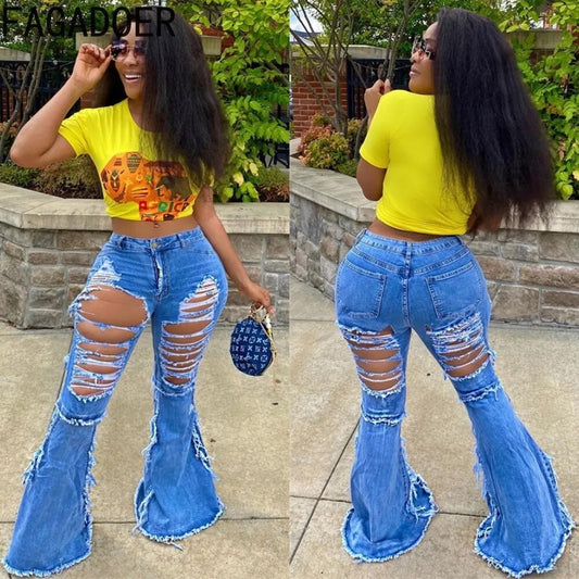 FAGADOER Blue Fashion Hole Denim Flared Pants Women High Waisted