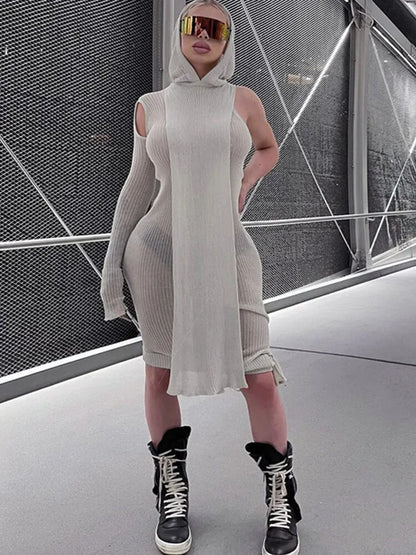 Simenual One Sleeve Knit Asymmetric Midi Dresses Skinny Ribbed Hooded