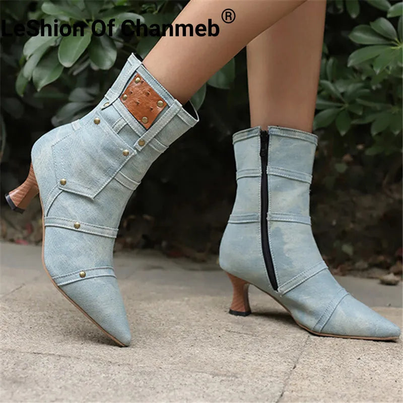 LeShion Of Chanmeb Big Size 48 Women Blue Denim Jeans Boots Spike