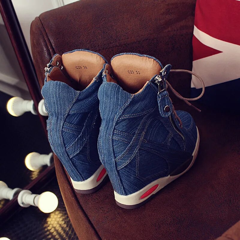 Comemore Women's Denim Wedges high top sneakers Platform Casual