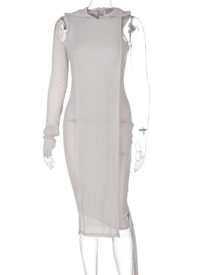 Simenual One Sleeve Knit Asymmetric Midi Dresses Skinny Ribbed Hooded