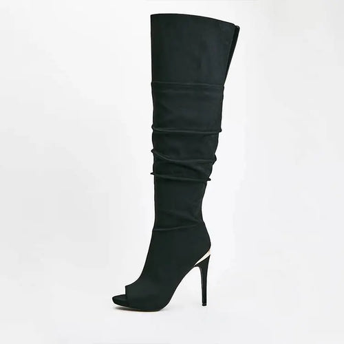 Peep Toe Thigh High Boots Women's Stiletto Heel Vintage Over The Knee