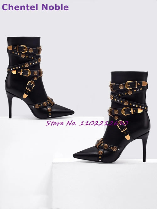 Rivet Ankle Boots Belt Buckle Pointy Toe Thin High Heels Short Boots