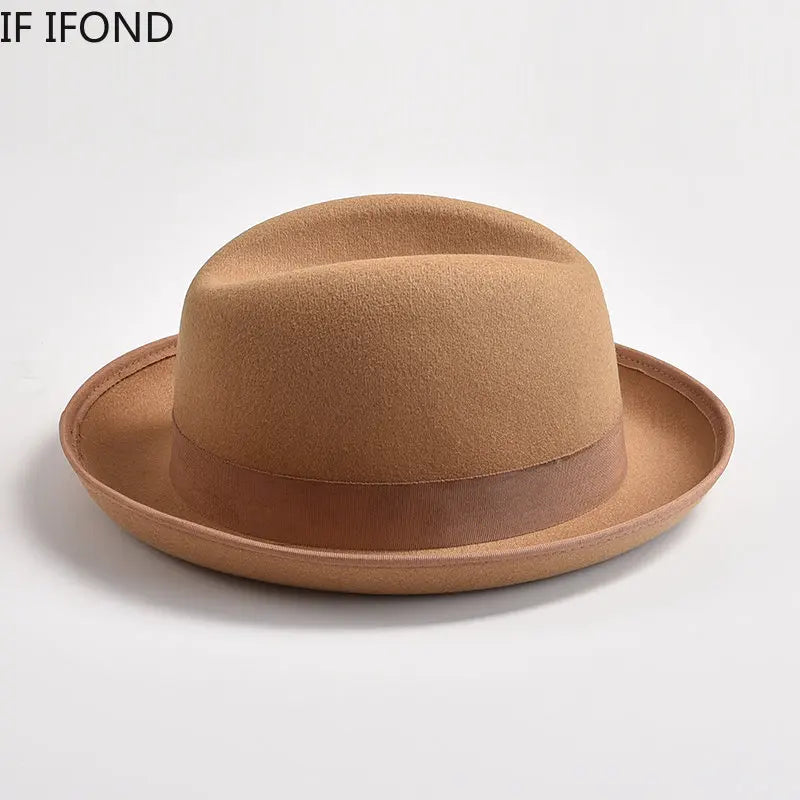 New British Style Wool Felt Fedora Hats for Men Roll Up Brim Homburg