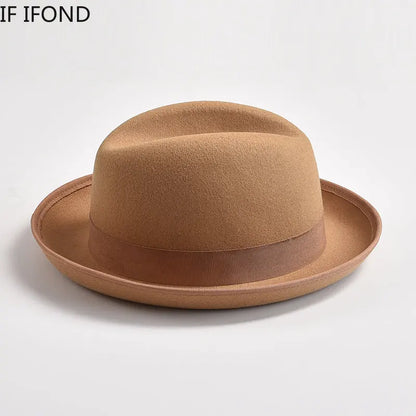 New British Style Wool Felt Fedora Hats for Men Roll Up Brim Homburg
