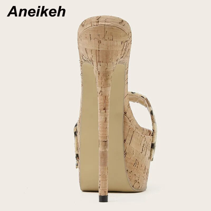 Aneikeh Sexy Leopard Platform Sandals High Heels Summer Slippers