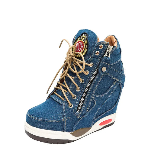 Comemore Women's Denim Wedges high top sneakers Platform Casual