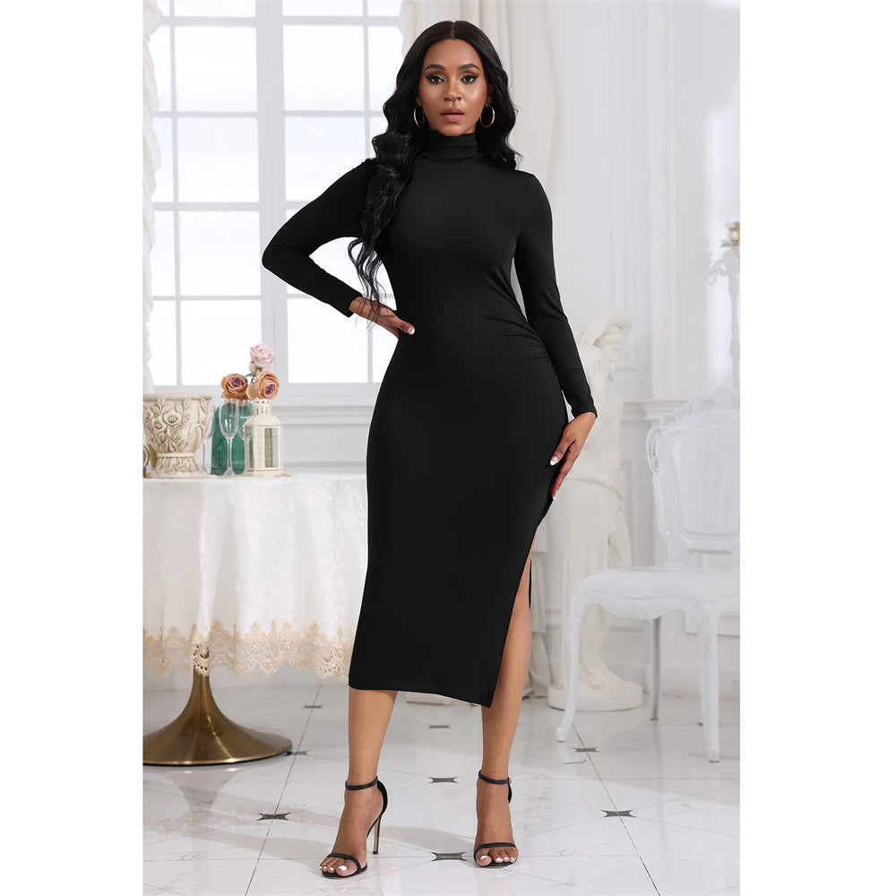 Women Sexy Dress Turtleneck Maxi Long Dresses Sexy Side Splited Full