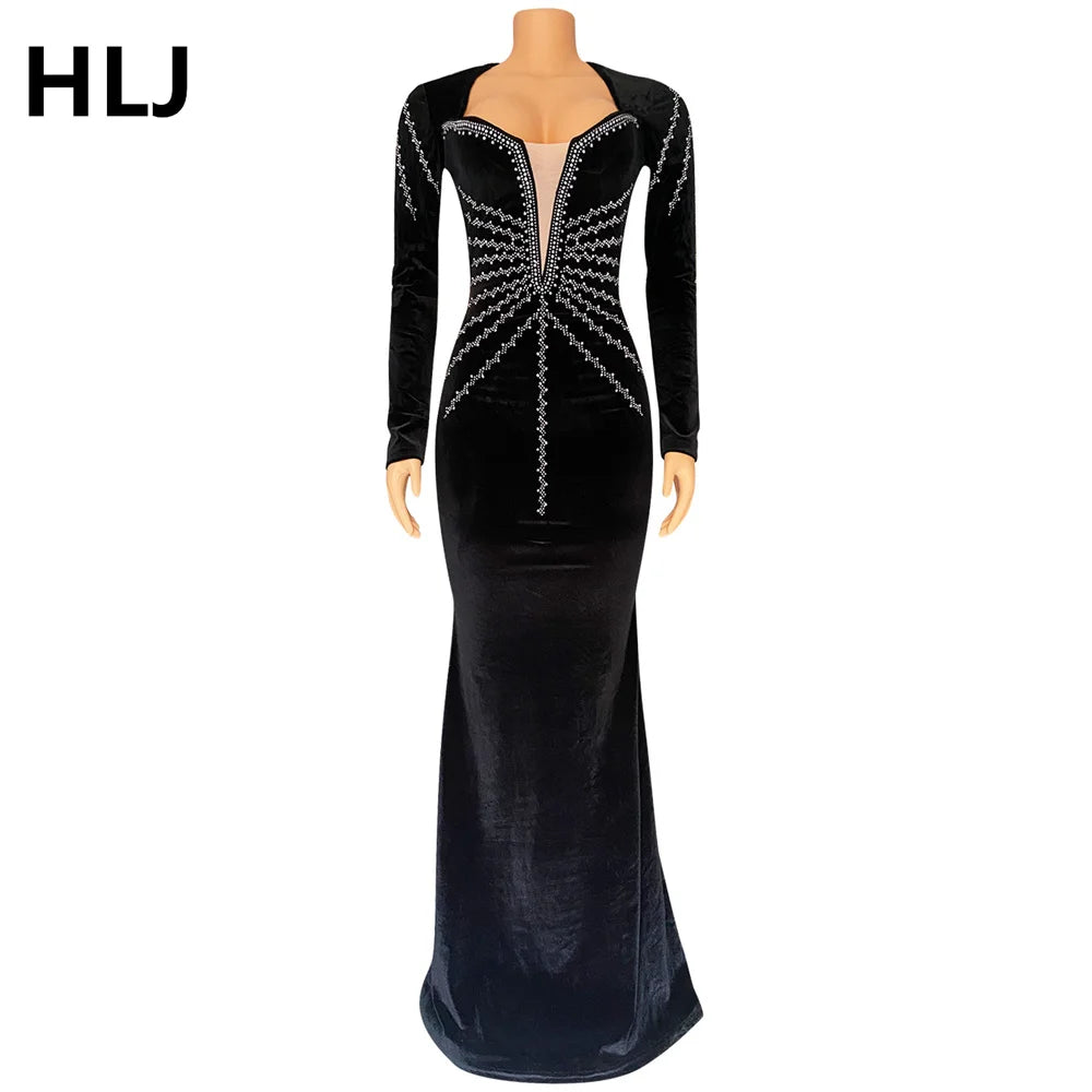 HLJ Fashion Pearls Rhinestones Deep V Bodycon Party Club Dresses Women