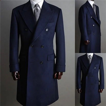 Formal Navy Men Suits Thick Wool Long Coat Men Jacket Double Breasted
