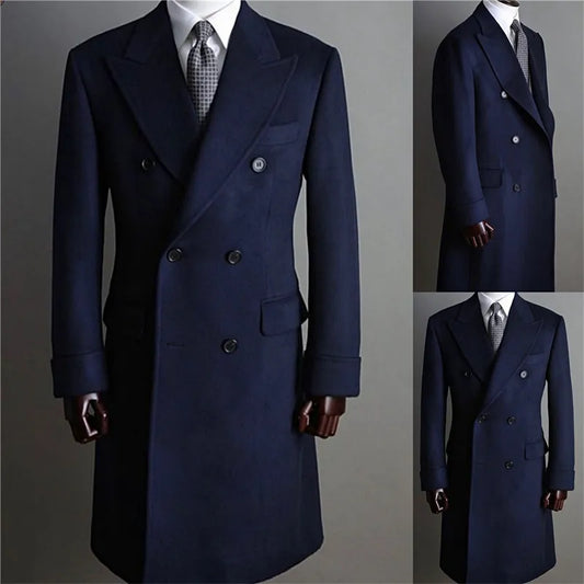 Formal Navy Men Suits Thick Wool Long Coat Men Jacket Double Breasted