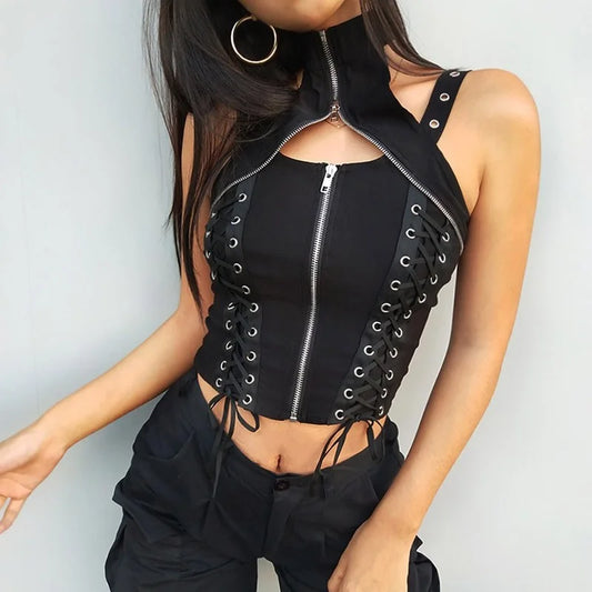 Black Punk Sleeveless Zipper Choker Halter Gothic Tank Bandage Crop