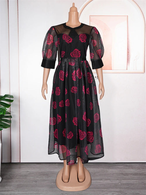 Chiffon Dresses For Women African Dashiki Flowers Print Maxi Robe