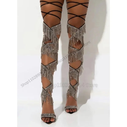 Crystal Tassels Decor Lace Up Sandals Boots Back Strap Women Shoes