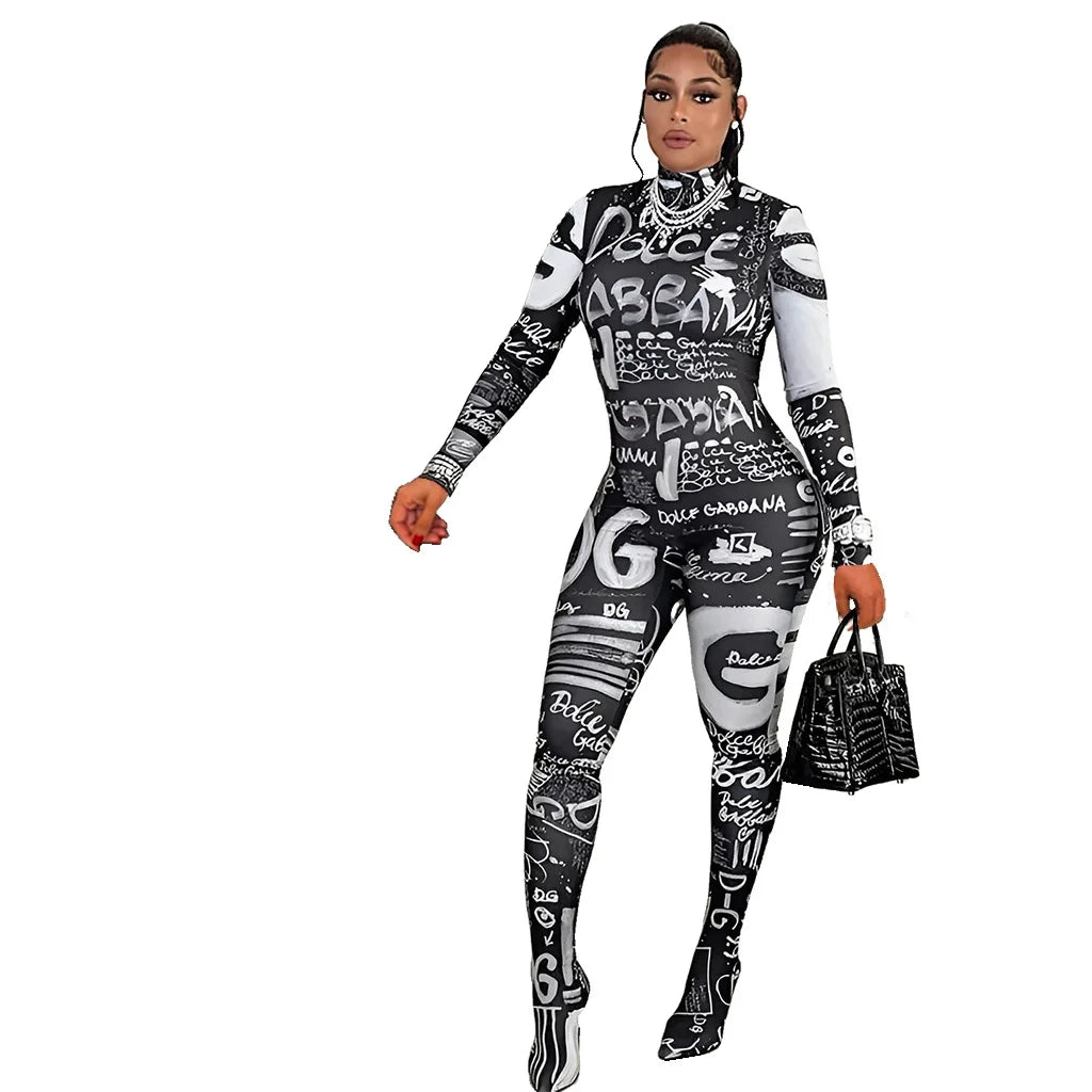 Prowow Fashion Print Women Jumpsuits One-piece Zipper Long Sleeve