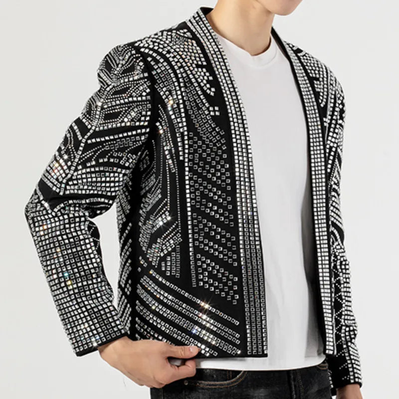 Black High Quality Luxury Full Rhinestones Jacket Men Jacket