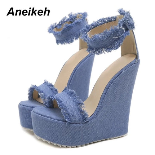 Aneikeh 2024 Blue Designer Denim Sandals Summer Woman Wedges High