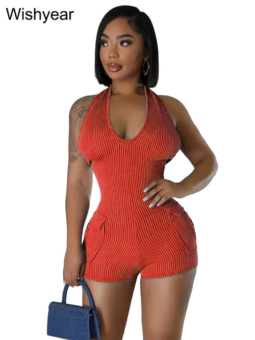 Sexy Night Club Women Knitted Ribbed Bodycon Playsuit Halter Backless