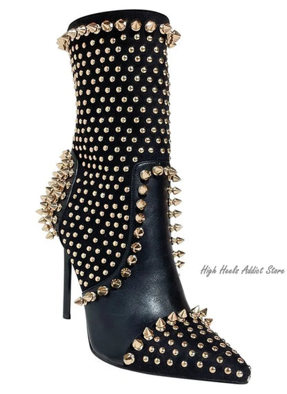Black Studded Luxury Ankle Boots Women Sexy Full Stud High Heels