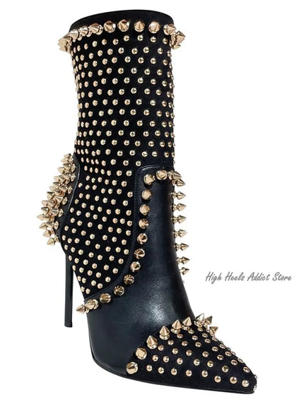 Black Studded Luxury Ankle Boots Women Sexy Full Stud High Heels