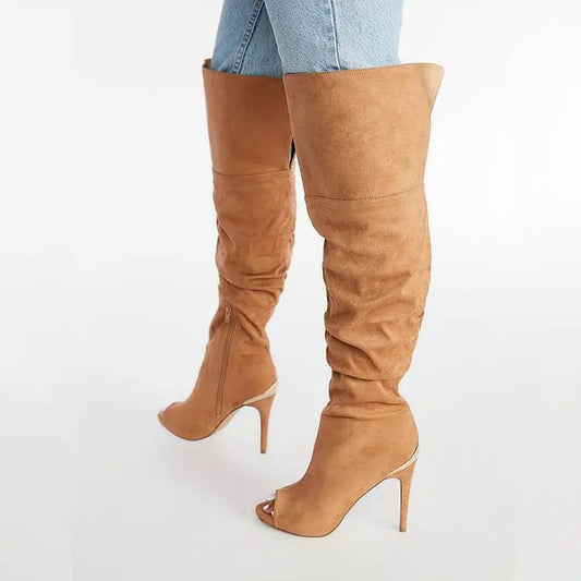 Peep Toe Thigh High Boots Women's Stiletto Heel Vintage Over The Knee