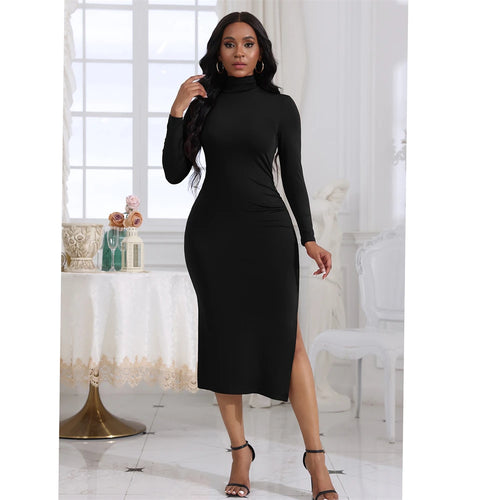 Women Sexy Dress Turtleneck Maxi Long Dresses Sexy Side Splited Full