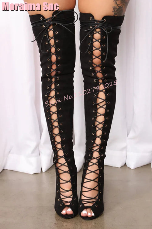 Fashion Peep Toe Lace Up Hollow Thigh High Boots Stiletto High Heel