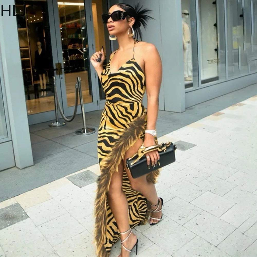 HLJ Sexy High Slit Feather Splicing Leopard Print Suspenders Dress