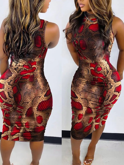 Elegant Women's Round Neck Bodycon Midi Dress Summer Fashion Printed